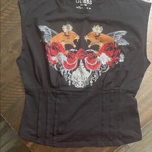 GUESS Black Top with Red and Silver Graphic